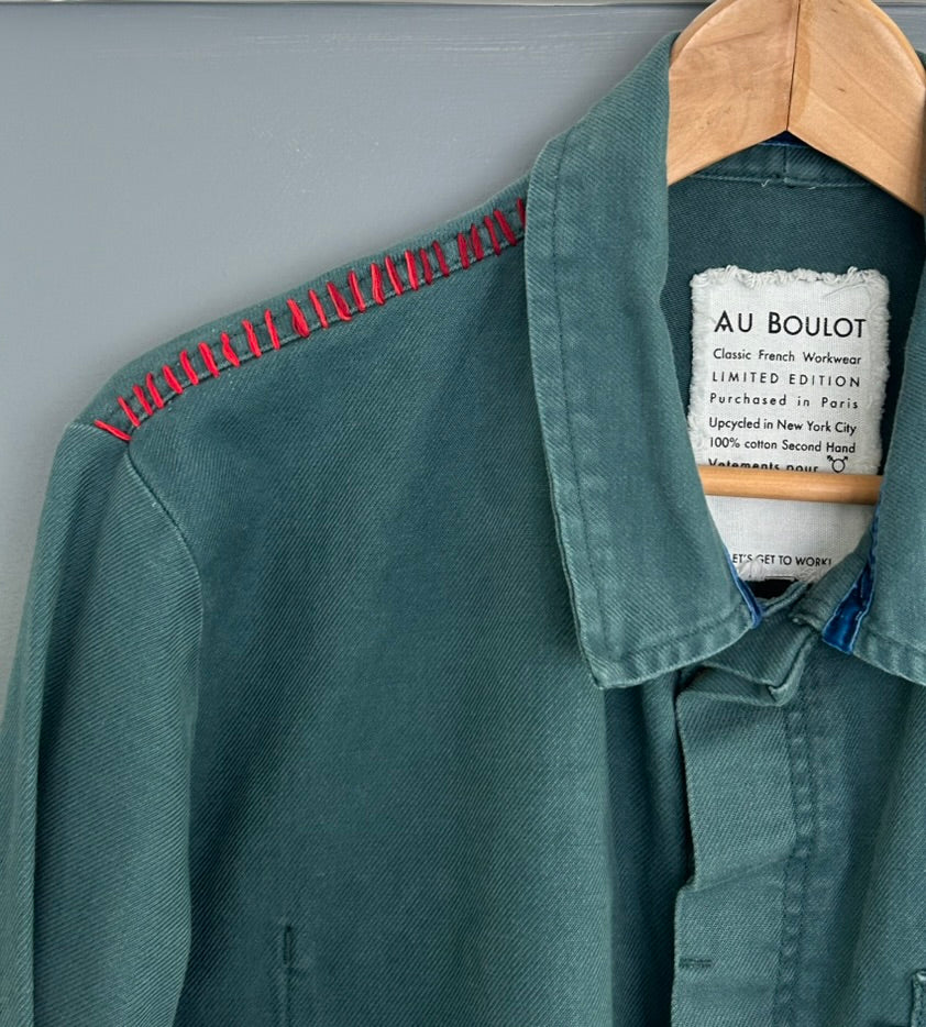 One-of-a-Kind Green French Workwear Jacket with Embroidered Pocket