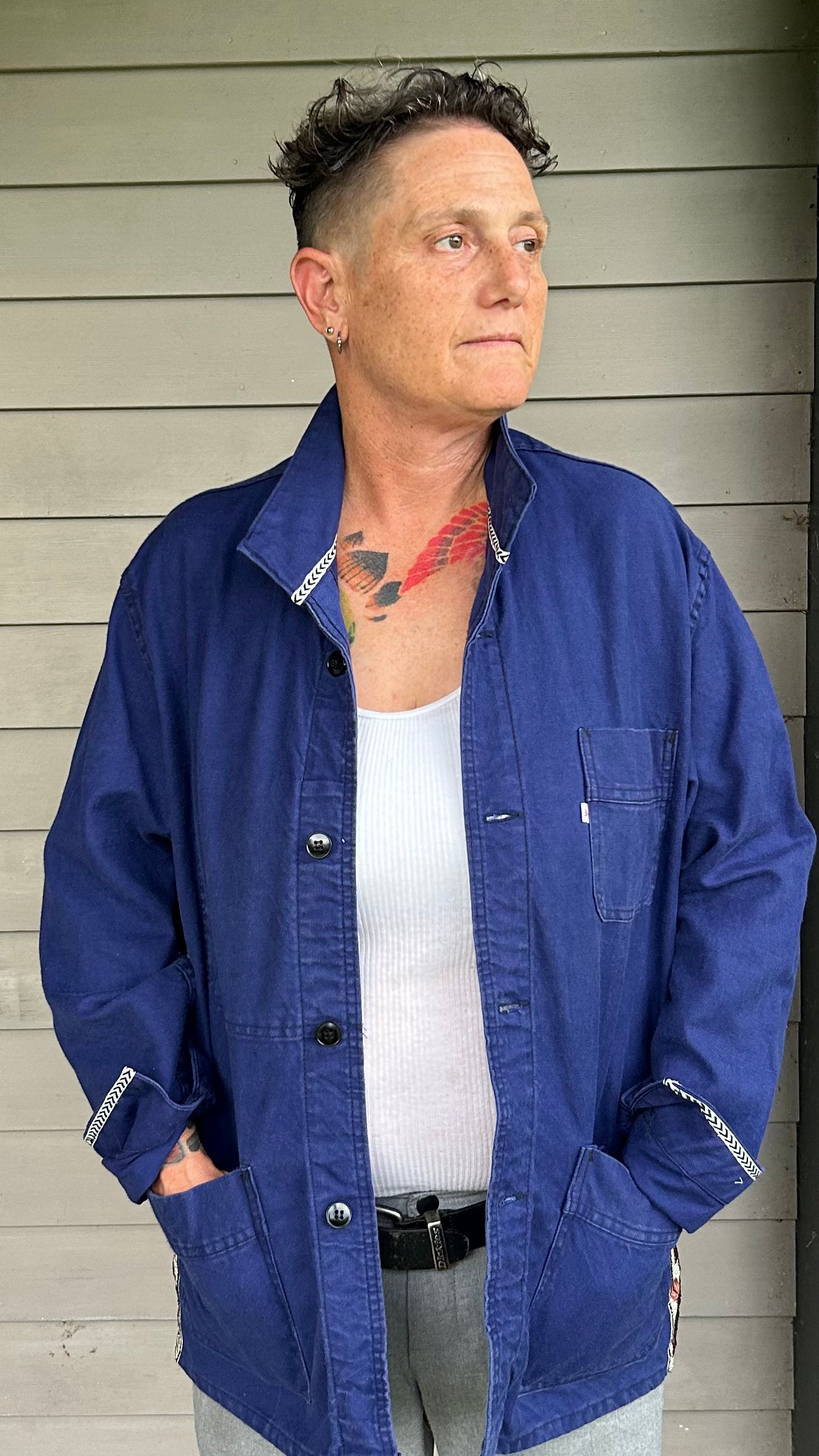 One-of-a-Kind Vintage French Workwear Jacket with Floral Trim