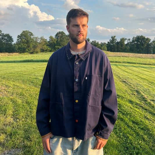 One-of-a-Kind  Navy French  Workwear Jacket with Vintage  Bakelite Buttons