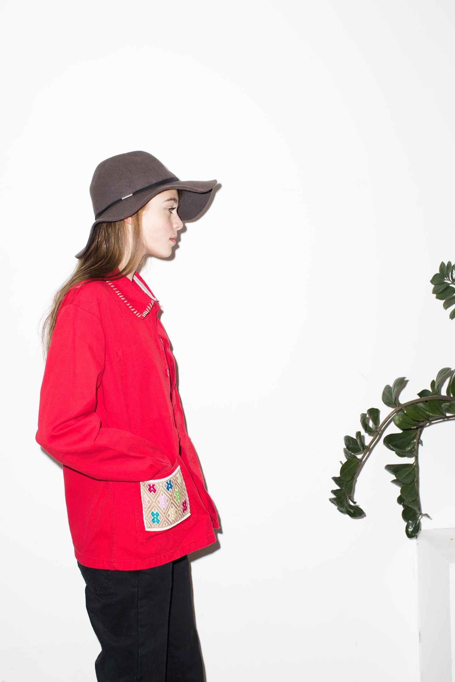 One-of-a-Kind Red  French Workwear Jacket with Embroidered Pocket