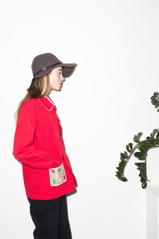 One-of-a-Kind Red French Workwear Jacket with Embroidered Pocket