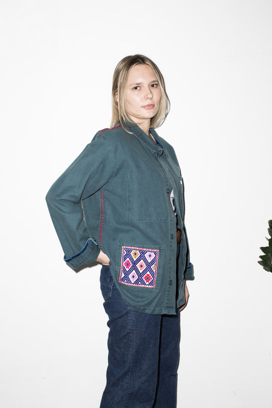 One-of-a-Kind Green French Workwear Jacket with Embroidered Pocket