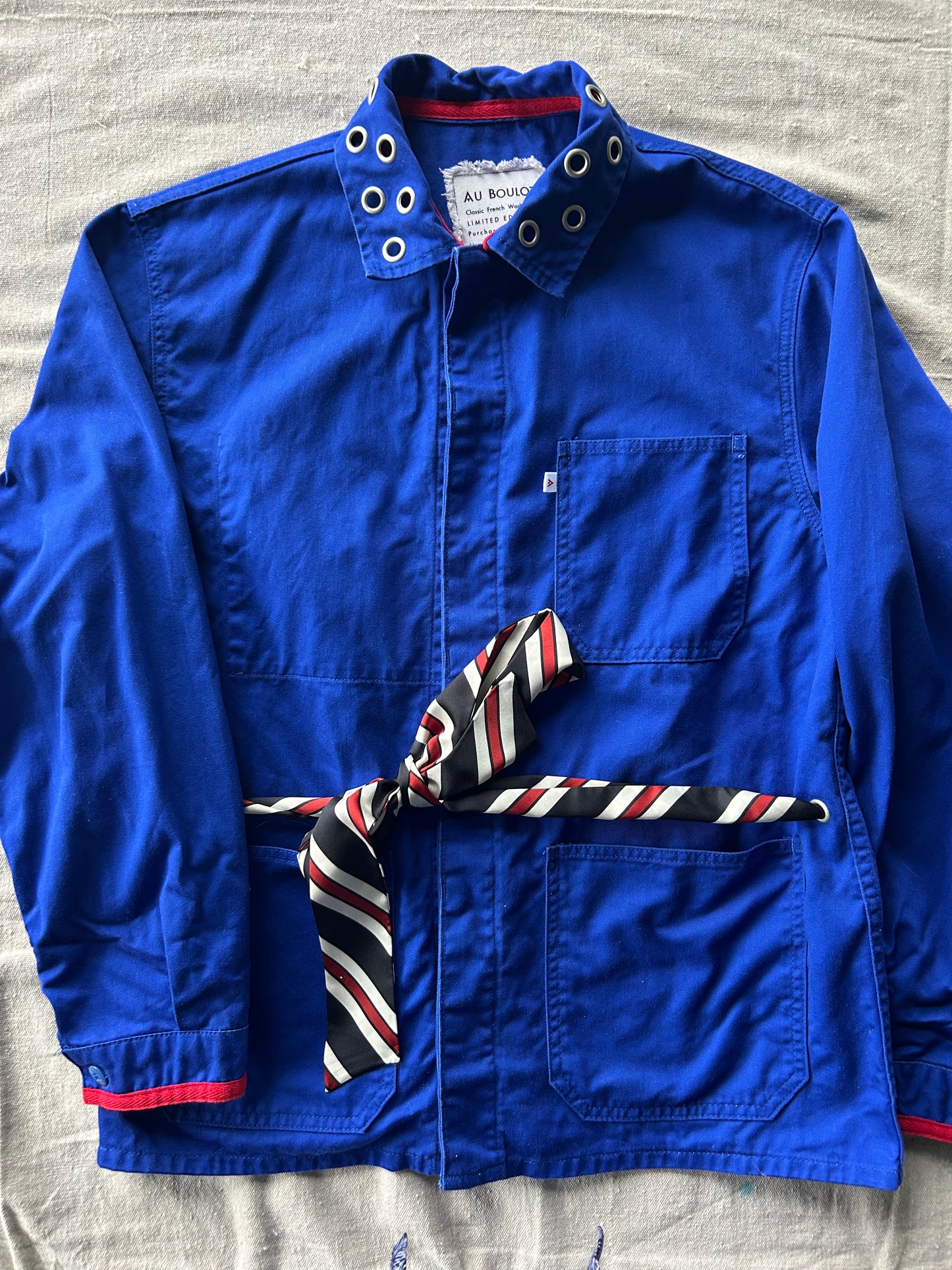One-of-a-Kind Vintage  Bugatti  French  Workwear Jacket with Striped Scarf Belt