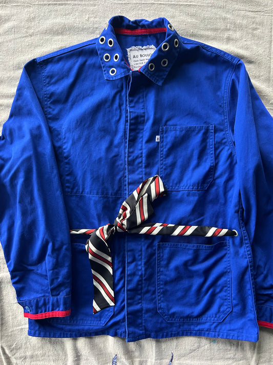 One-of-a-Kind Vintage Bugatti French Workwear Jacket with Striped Scarf Belt