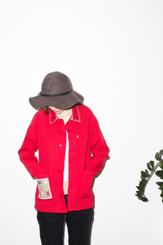 One-of-a-Kind Red French Workwear Jacket with Embroidered Pocket