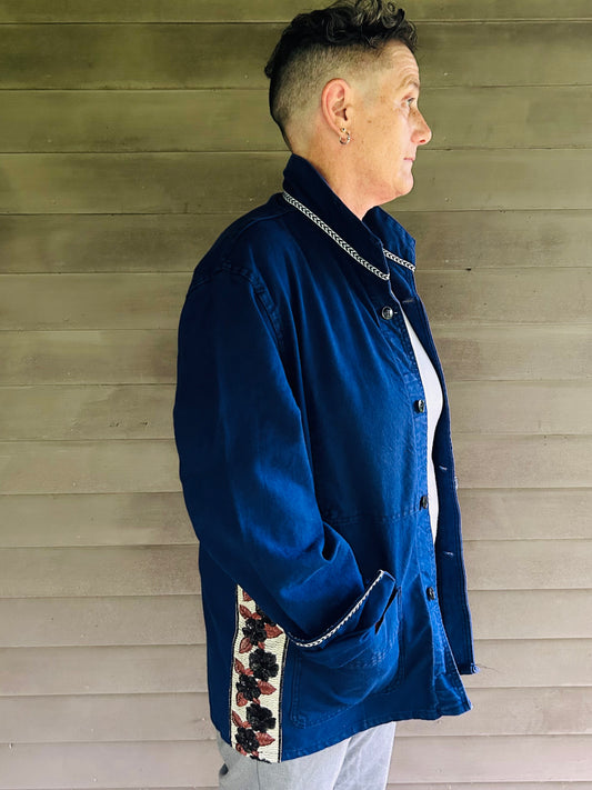 One-of-a-Kind Vintage French Workwear Jacket with Floral Trim