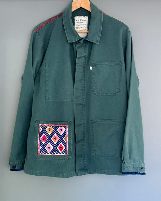 One-of-a-Kind Green French Workwear Jacket with Embroidered Pocket
