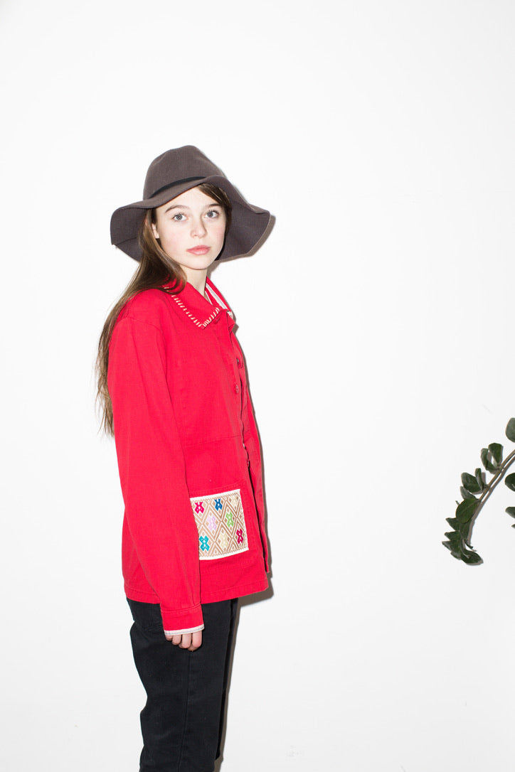 One-of-a-Kind Red  French Workwear Jacket with Embroidered Pocket