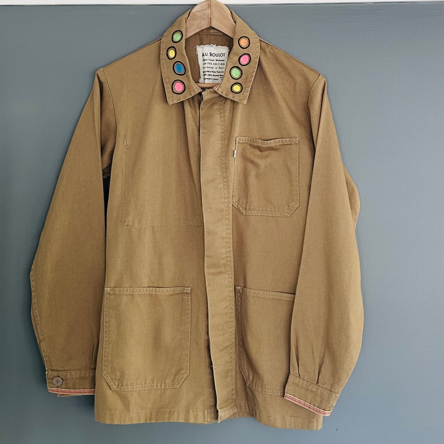 One-of-a-Kind Beige French Workwear jacket with Embroidery