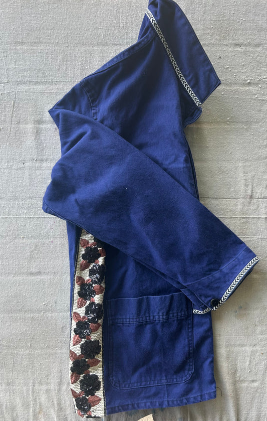 One-of-a-Kind Vintage French  Workwear Jacket with Floral Trim